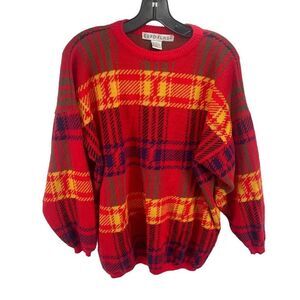 Euro-Flash Women's Plaid Sweater Vintage 80s Long Sleeve Acrylic Red One Size